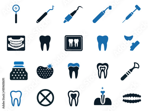 Collection of dental icons representing tools, teeth, and oral care concepts.