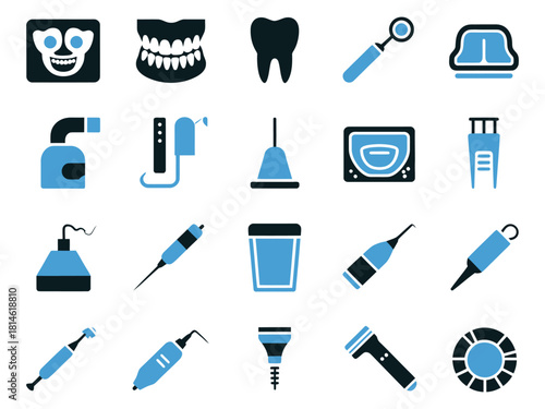 Dental tools and icons in a stylish blue and black design for oral health professionals.