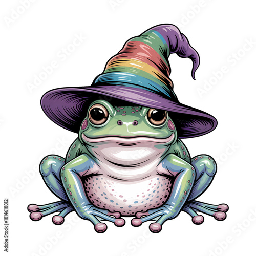 Colorful frog wearing a rainbow hat sits patiently on a white background