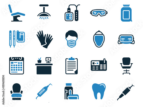 A collection of dental care icons, including tools and equipment used in a clinic setting.