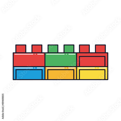 Colorful Interlocking Plastic Building Blocks, Red, Green, Blue, and Yellow, with Black Outlines.