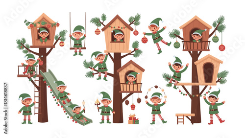 Whimsical Elf Village: A delightful scene of playful elves engaged in festive activities within charming treehouses, decorated with ornaments and holiday cheer.