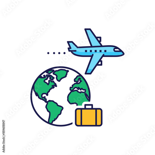 Colorful line art icon of global air travel with an airplane, planet Earth, and a yellow suitcase.