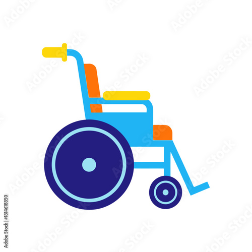 Colorful manual wheelchair illustration with a blue frame, orange seat, and yellow handles.