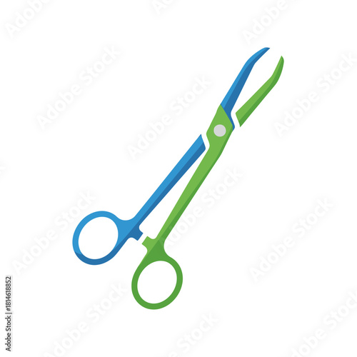 Colorful Medical Forceps with Blue and Green Handles, Isolated on White Background.