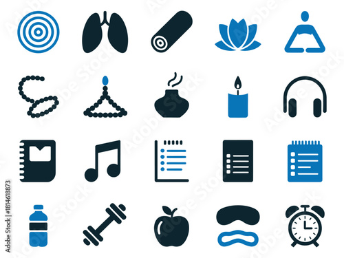Various icons representing wellness, fitness, and mindfulness practices.