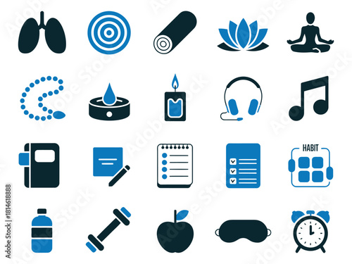 A collection of health and wellness icons including lungs, yoga, and fitness symbols in blue.