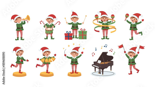 Festive Ensemble: A collection of joyful elves dressed in green, each contributing their unique talents to create a harmonious symphony of holiday cheer.