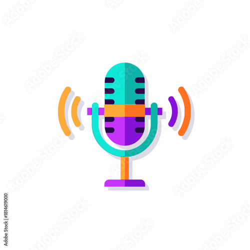 Colorful retro microphone icon with sound waves, flat design style, broadcasting symbol.