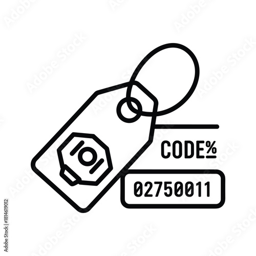 Black and white line art icon of a security tag or identification label with a code number and symbol, isolated on