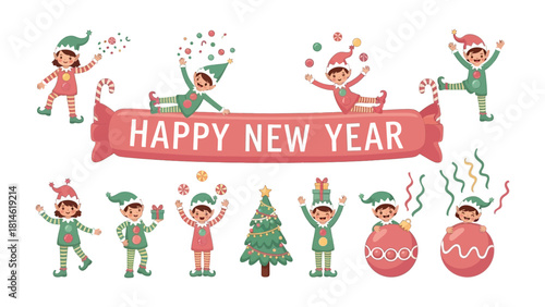 Happy New Year Festive Elves: A cheerful collection of animated elves, complete with pointy hats and festive attire, playfully interacts amidst whimsical decorations.