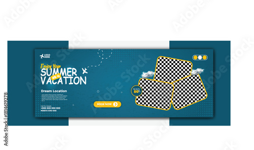 Summer vacation travel cover with landscape photos and promotional text