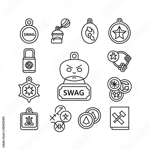 Collection of black and white line art icons representing various swag, charm, and accessory elements isolated on