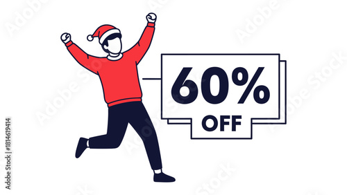 Holiday Discount Offer: A joyous figure, adorned in a festive hat and sweater, excitedly displays a prominent 60% Off sign, signaling a fantastic seasonal bargain. 