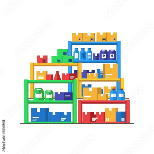 Colorful warehouse shelves stacked with various boxes and bottles in a flat vector style illustration.