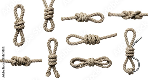 Collection of different rope knots isolated on transparent background