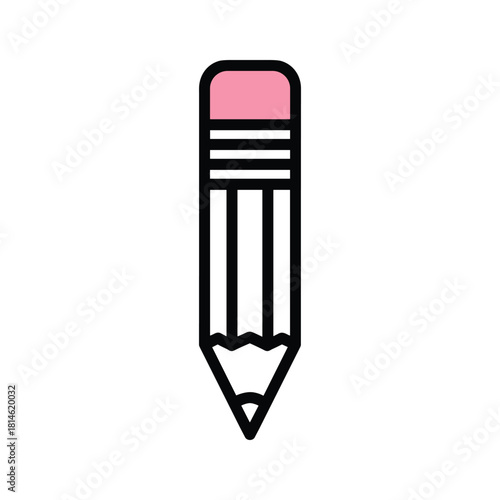 Simple black and white line art icon of a pencil with a pink eraser, isolated on