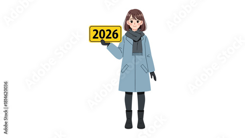 A Glimpse of the Future: An optimistic figure stands tall, displaying a sign marked with the year 2026, offering a vision of upcoming possibilities and prospects. 