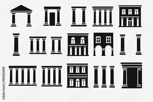 Architectural Column Icons in Functional Contexts with Pediments Entrances Courtyards and Facades in Black Silhouettes on White Background