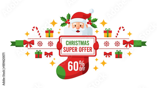 Festive Christmas Super Offer: A delightful Christmas-themed illustration featuring Santa Claus with a festive display showcasing a super offer discount.