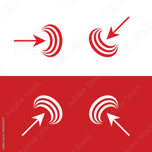 Dynamic red and white arrows pointing towards curved line symbols for modern branding and design projects needing a strong directional visual cue