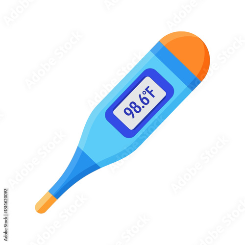 Digital Thermometer Displaying 98.6F, Blue and Orange Medical Instrument Illustration.