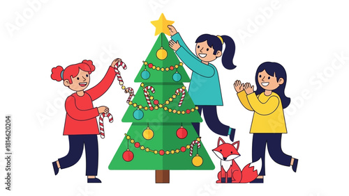 Festive cheer: Children Decorating a Christmas Tree. Cheerful children gather around a decorated Christmas tree with candy canes, ornaments, and a star.