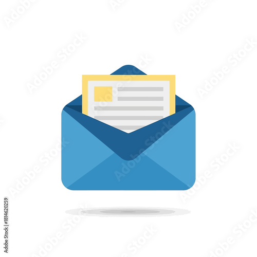 Flat Design Blue Envelope with Yellow Letter and Text, Open and Visible.
