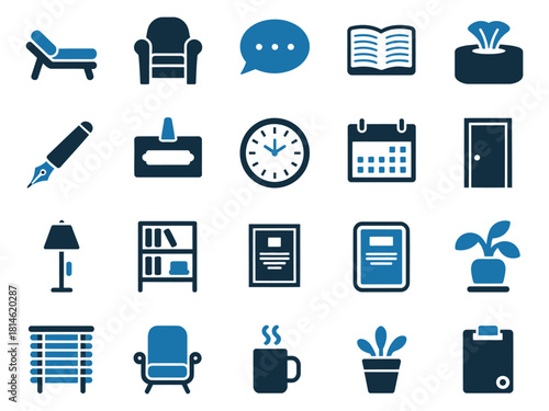 A collection of blue icons representing various home and office items, creating a calming atmosphere.