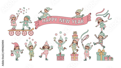 Whimsical New Year Elf: Festive illustrations of joyful elves in playful scenes, celebrating the new year with gifts, and cheer.