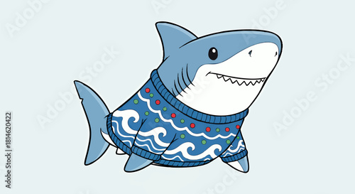 Cartoon shark wearing a blue sweater with a wave and ornament pattern, isolated on a white background.