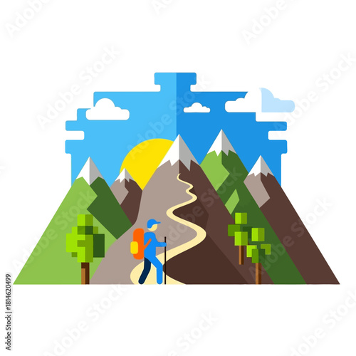 Flat design hiker ascending winding mountain path, geometric peaks, sun, trees, blue sky illustration.