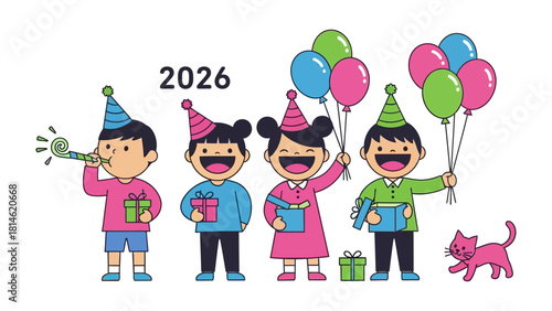 Kids and 2026 Celebration: Adorable illustration depicts children happily celebrating a festive event. Balloons and gifts in a lively party. 