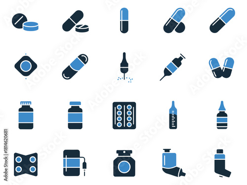 Assorted medical icons featuring various pills and syringes in a minimalist design.