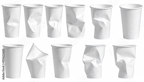 Paper cups, some crushed, various shapes
