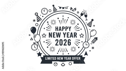 Happy New Year 2026: A festive graphic design, heralding the arrival of the New Year, full of celebratory elements and symbolic of fresh beginnings.