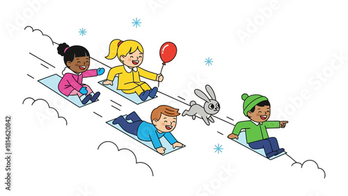 Children's Snow Day: Youngsters experience the joy of a winter day, sledding downhill, creating a scene of laughter and amusement on a snowy slope. 