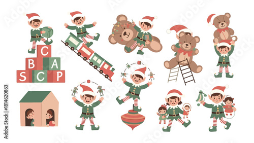 Playful Festive Delight: A collection of delightful illustrations capturing the spirit of celebration and the joy of the season. Featuring elves, toys, and playful activities.