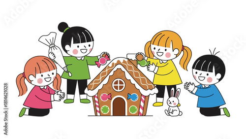 Sweet Construct: Four young children are joyfully assembling a gingerbread house, showcasing teamwork and festive cheer. Capturing the joy of holiday baking