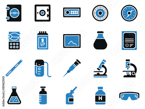 A collection of laboratory and security icons in blue and black, perfect for scientific themes.