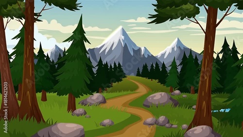 Cartoon Mountain Path through Forest Valley.