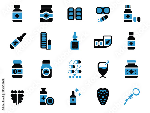 A collection of diverse medicinal icons in blue and black, illustrating healthcare concepts.