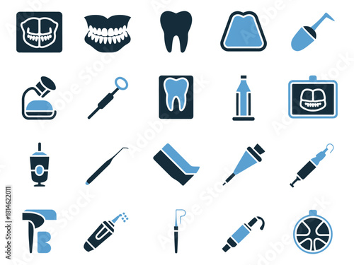 A collection of dental icons representing tools, procedures, and oral health care.