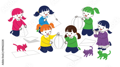 Joyful Crafting of Lanterns: A group of children engage in a creative lantern-making activity, brimming with smiles and colorful lanterns, showcasing the joy of hands-on crafting.