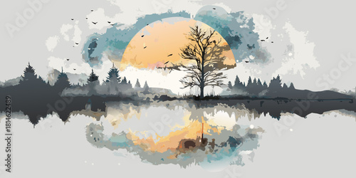 Watercolor landscape with tree silhouette lake reflection and birds in flight