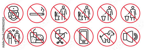Prohibitory signs for WC, black line icon set. Collection of monochrome outline vector for women and men restrooms, editable stroke pictograms