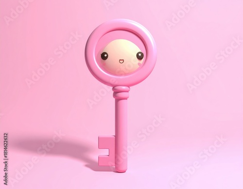 Kawaii pink key with a round, smiling face