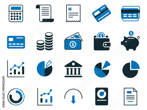 Collection of finance and accounting icons, featuring calculators, cards, money, and graphs.