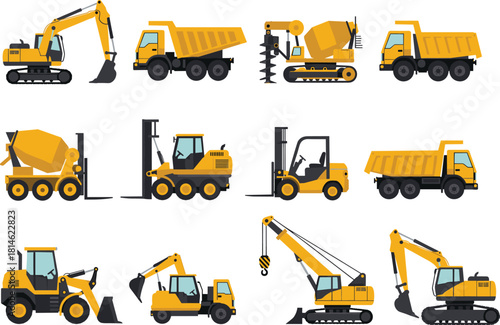Construction vehicle vector set, excavators, dump trucks, cement mixers, forklifts, loaders, crane, tow truck, drilling machine, flat illustration, front view