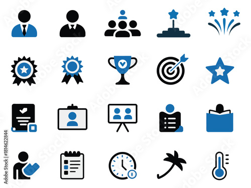A diverse set of blue and black icons representing achievement and teamwork.